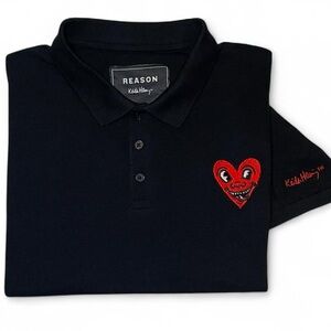 NWOT! REASON x Keith Haring Black Polo Shirt Men’s Size L Red Heart Logo Collab